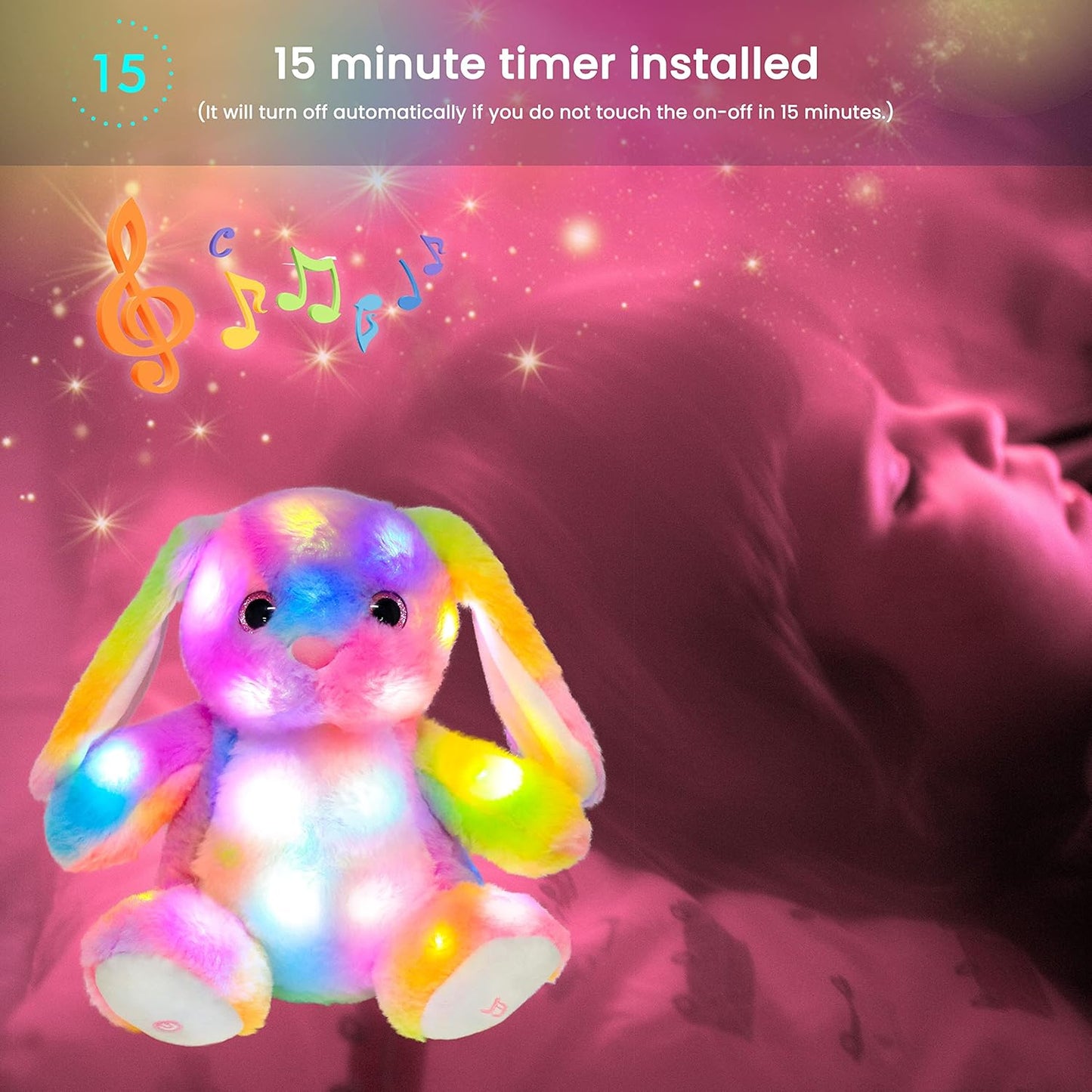 Hopearl LED Musical Stuffed Bunny Colorful Lighting Up Singing Plush Rabbit Adjustable Volume Lullaby Animated Soothe Birthday Festival for Kids Toddlers, 10''