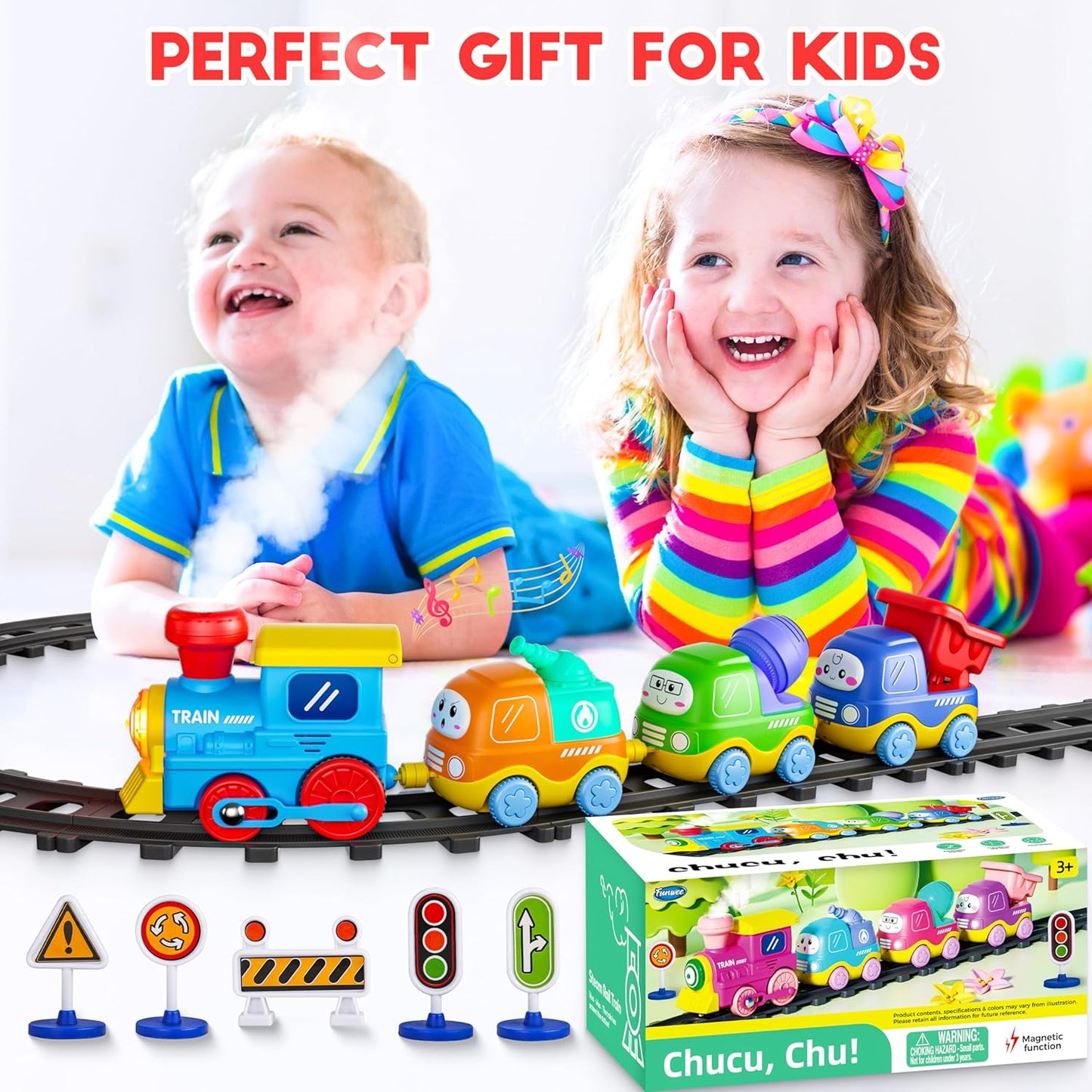 Funwee Steam Track Train Set for Toddlers, Magnetic Connection Train Toys w/Lights & Sounds, Electric Cartoon Choo Choo Train, Toy Train Christmas Birthday Gift for Toddlers 2 3 4 5+ Boy Girl (Blue)