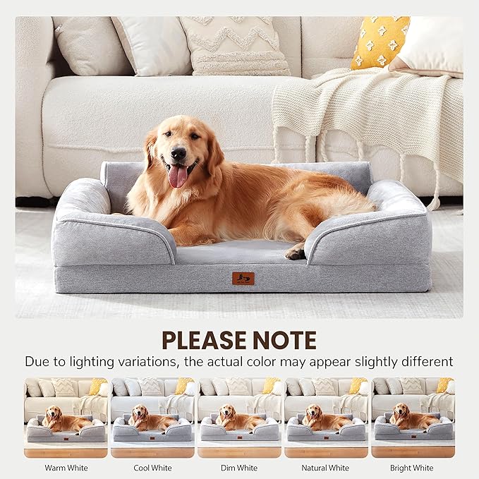XL Orthopedic Dog Beds for Large Dogs, Waterproof Egg-Crate Foam Pet Couch Bed with Soft Sides, Non-Slip Dog Sofa with Flannel Removable Washable Cover, 42" L Supportive Pet Sofa, Light Grey