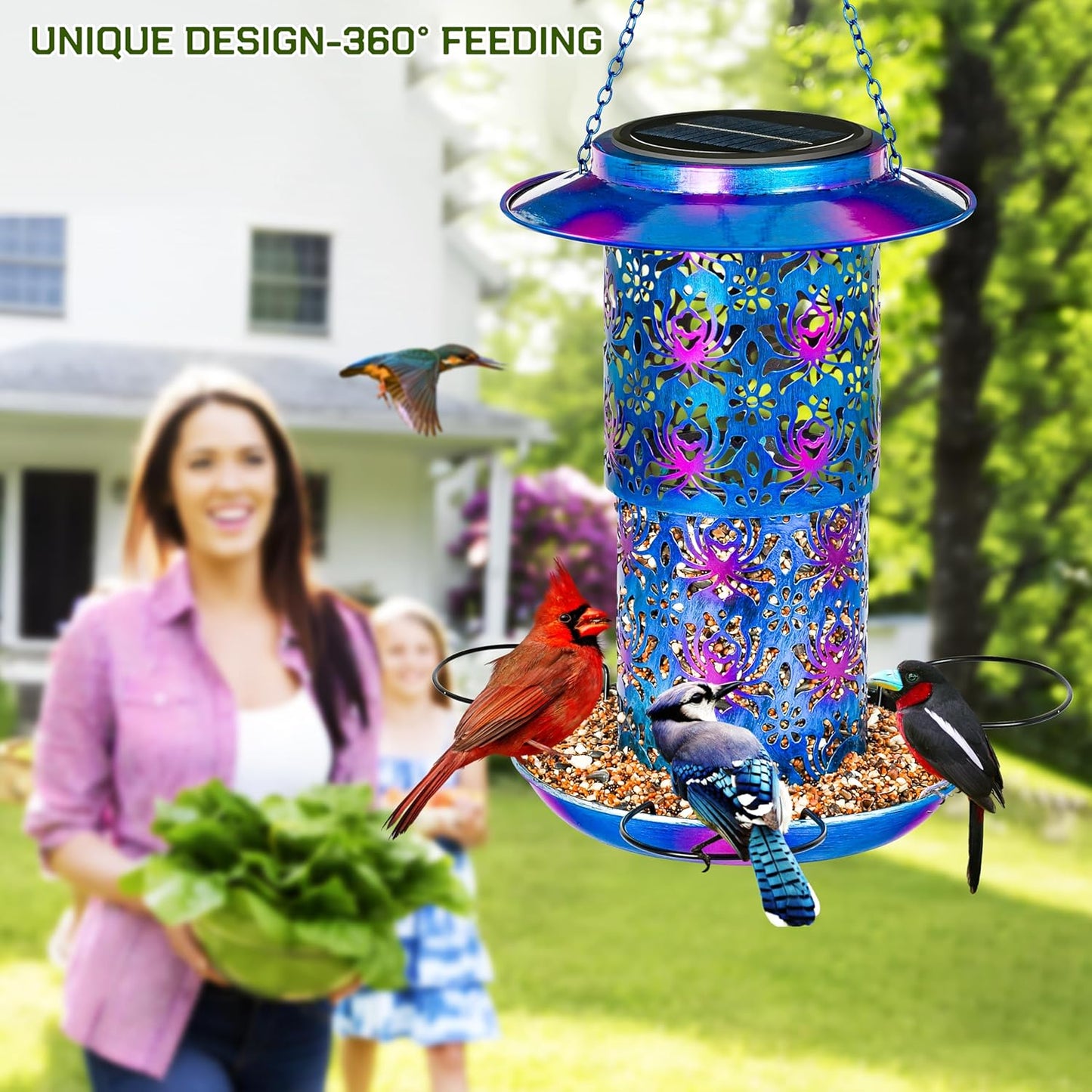 XDW-GIFTS Bird Feeder for Outdoors Solar Hanging Bird Feeder Bird House with Cardinal Feeder Large Capacity Metal Wild Bird Feeder for Garden Decor Unique Gifts & Patio Decor (Blue, 10.5 INCH)