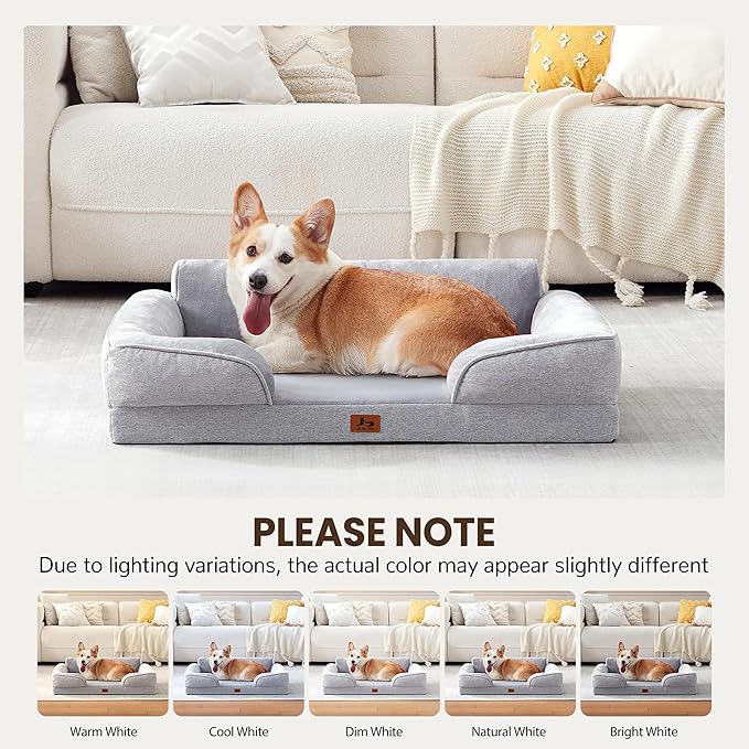 Orthopedic Dog Beds for Large Sized Dogs, Waterproof Egg-Crate Foam Pet Couch Bed with Soft Side, Non-Slip Dog Sofa with Flannel Removable Washable Cover, 35"L Supportive Pet Sofa, Light Grey