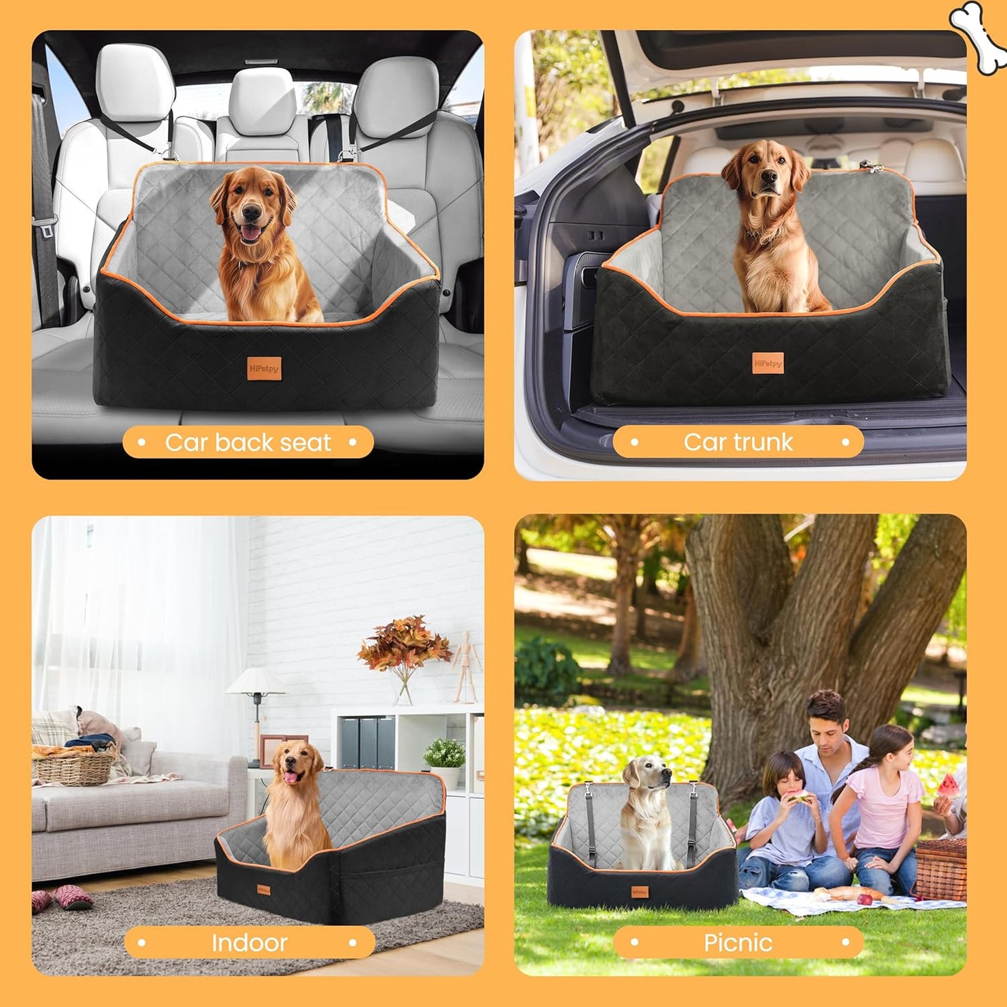 Dog Car Seat for Medium Dog, Booster Seat for Dogs Under 55lb, Elevated Pet Seat with Pocket, Anti-Slip Bed for Car, Perfect for Back Seat & Trunk with 2 Safety Leashes (Black/Grey, Large)