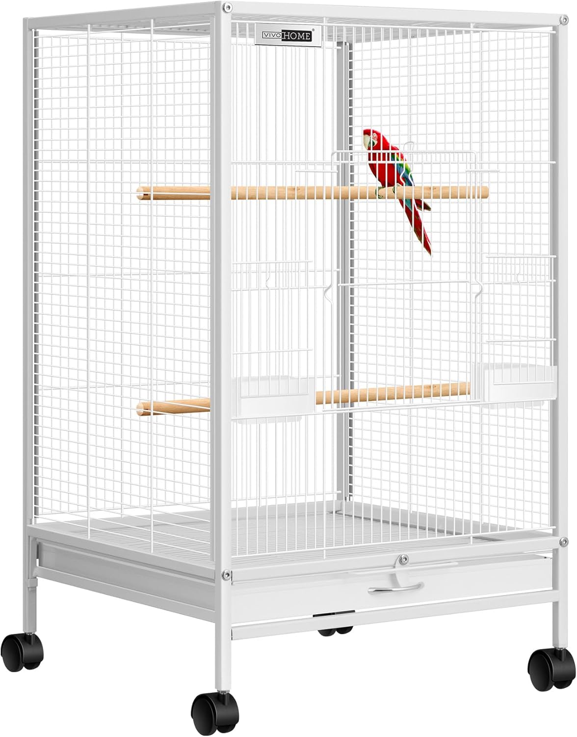 A parakeet perched inside a modern bird cage with toys.