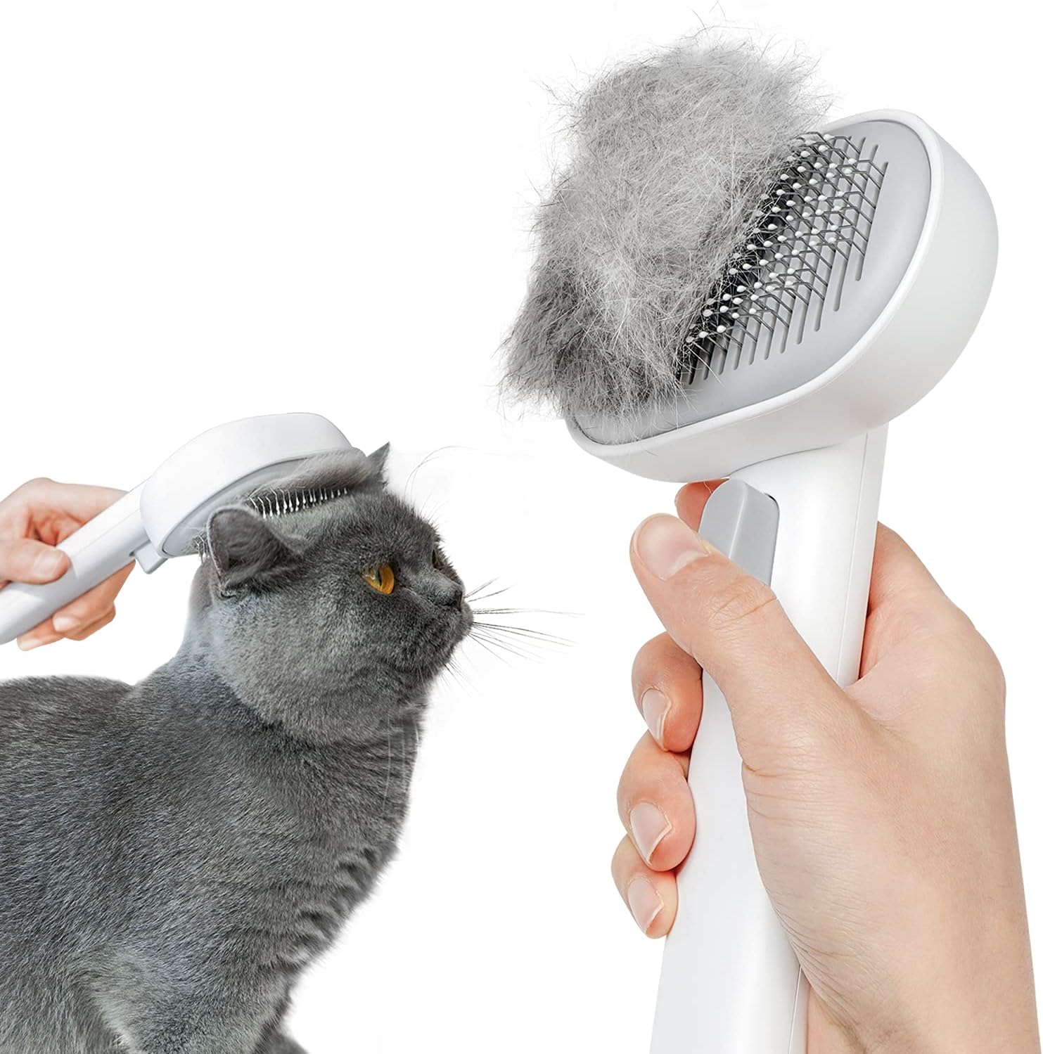 A fluffy cat being brushed with a grooming comb.