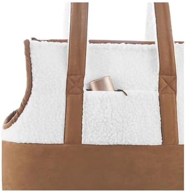 The Limit'd Edition Kool@burra Faux Suede & Sherpa Pet Carrier Tote Zip-Top Dog/Cat Carrier with Front Scoop & Pocket, Cream/Tan, 17 x 8 x 15 in