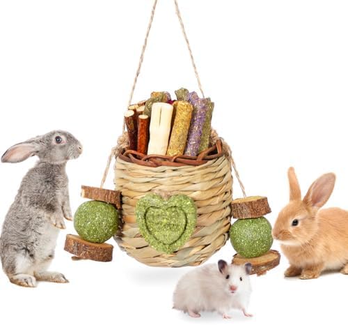 Rabbit Chew Toys,Natural Hanging Basket with Sweet Bamboo,Timothy Hay,Peach Sticks for Bunny Chinchillas Guinea Pigs Hamsters Rats Teeth Grinding