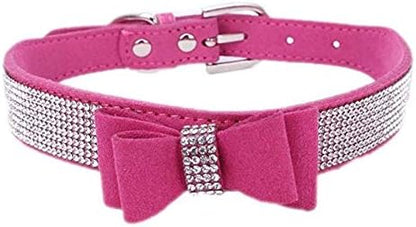 Rhinestone Dog Collar, Cute Dazzling Sparkling Soft Suede Leather Adjustable Pet Dog Cat Collar Crystal Diamond for Puppy Small Medium Large Dogs (M:32-38cm, Hot Pink-1)
