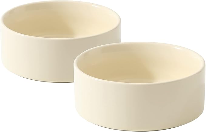 Ceramic 5.1inch Set of 2 Dog and Cat Bowls, 2pcs Anti-Slip Food and Water Feeder Dishes for Puppies, Kitties, Cats(2 Bowls, Beige)