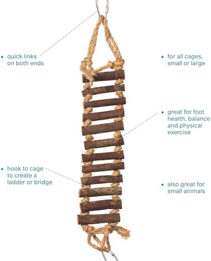 Prevue Pet Products Naturals Rope Ladder Bird Toy, Wood Stairs Climbing Activity Attachment for Birdcage, Earth Tone Brown 62806