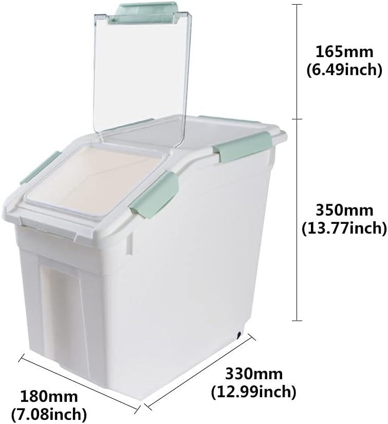 Saim Flour & Food Storage Container 25LB, Rice Dispenser & Dog Food Container with Lid, BPA Free Plastic with Measuring Cup for Rice, Flour, Dry Food Organization Cat Food Bin Bulk on wheels (Green)