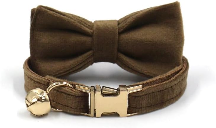 Personalized Cat Collar with Bells,Velvet Customized Small Cat Collar with Name Tag,Pet Collar with Name Phone Number Engraved ID Tags for Boy and Girl Kitten Cats (Brown)