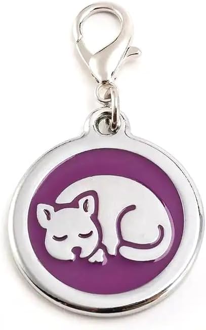 Personalized Cat ID Tags with Lobster Claw Clasp for Kittens and Cats - Small pet Tags for cat Collar, Custom cat Name Tags (Sleeping-Round-Small: Purple)