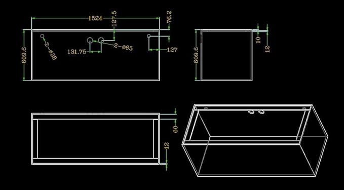 150-3GO Gallon Starfire Aquarium w/Center Overflow 60x24x24 H 12mm Ghost Overflow