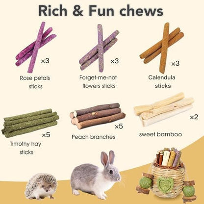 Rabbit Chew Toys,Natural Hanging Basket with Sweet Bamboo,Timothy Hay,Peach Sticks for Bunny Chinchillas Guinea Pigs Hamsters Rats Teeth Grinding