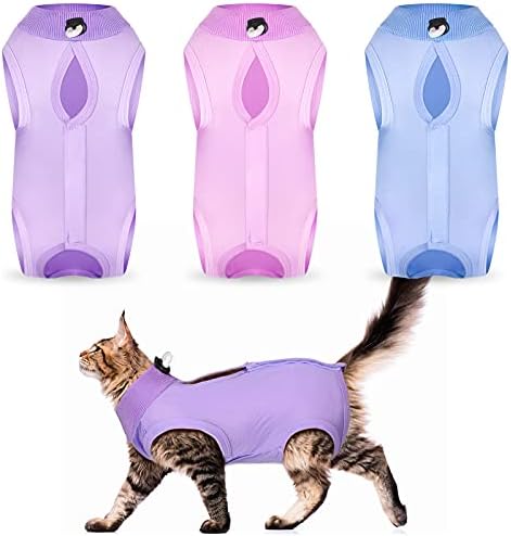 Nuanchu 3 Pieces Cat Recovery Suit Kitten Recovery Suit E-Collar Alternative for Cats and Dogs Abdominal Skin Anti Licking Pajama Clothes Sets(Large,Solid Style,Purple Pink Blue)