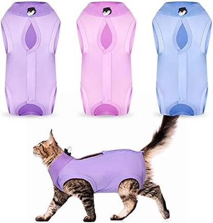 Nuanchu 3 Pieces Cat Recovery Suit Kitten Recovery Suit E-Collar Alternative for Cats and Dogs Abdominal Skin Anti Licking Pajama Clothes Sets(Large,Solid Style,Purple Pink Blue)