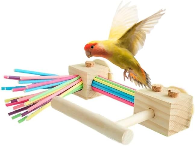 Parrot Cage Toy(4 funcitons) Perch Standing with Pine Wood Foraging Smart Toy Soft Corks for Small to Regular Size Parrot Cockatiel Birds
