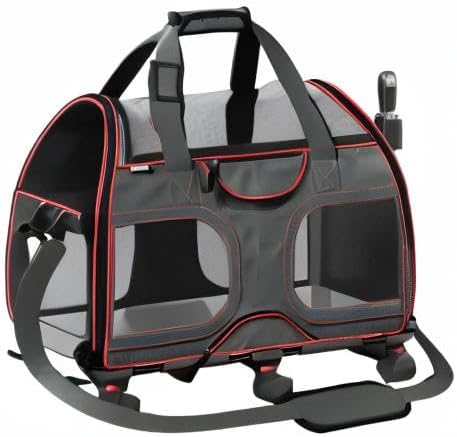 TSA and Airline Approved Pet Carrier with Wheels Katziela Luxury Rider for Dogs Cats Removable Base Flexible Top to Fit Under Seat Rolling Travel Bag (Black/Red)