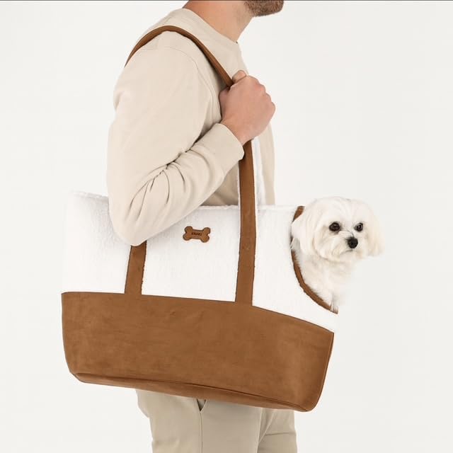The Limit'd Edition Kool@burra Faux Suede & Sherpa Pet Carrier Tote Zip-Top Dog/Cat Carrier with Front Scoop & Pocket, Cream/Tan, 17 x 8 x 15 in