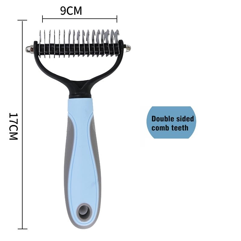 Double Sided Pet Dematting Comb - Effortless Detangling and Deshedding Tool for Dogs Cats, Tangle-Free Grooming with Blue Handle