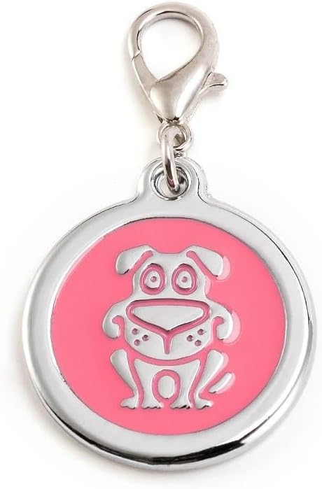 Personalized Funky Dog Design Pet ID Tags with Quick Tag Clip - Puppy Name tag, Happy Dogs ID tag, Laser Engraved pet Tags, Custom pet Name tag (Dog-Round-Small: Pink)