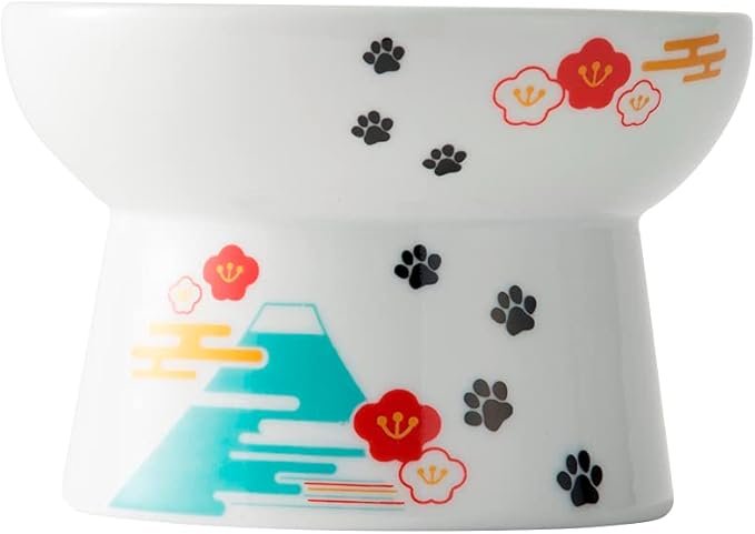 Necoichi Raised Cat Food Bowl – Ceramic Elevated Cat Bowl for Whisker & Neck Fatigue, Dishwasher Microwave Safe – Non-Slip & Anti Vomiting Ergonomic Design (Fuji, Regular)