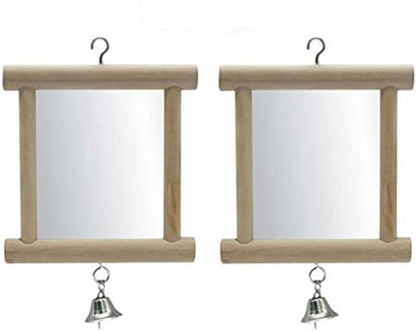 Bird Mirror Wooden Hanging Swing Interactive Play Toys for Small Parrot Budgies Macaw African Grey Parakeet Cockatiel Conure Lovebird Cage Accessories (Bird Mirror with Bell-2 PCS)