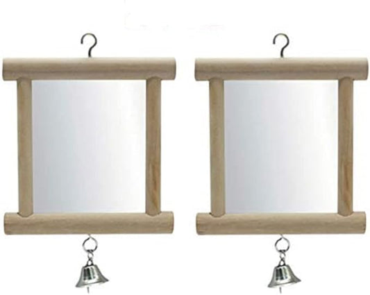 Bird Mirror Wooden Hanging Swing Interactive Play Toys for Small Parrot Budgies Macaw African Grey Parakeet Cockatiel Conure Lovebird Cage Accessories (Bird Mirror with Bell-2 PCS)