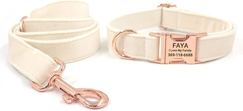 PETDURO Custom Dog Collar Personalized with Name Engraved Quick Release Rose Gold Metal Buckle for Large Medium Small Girl Dogs - Dog Leash and Bow Tie Available - Soft Comfy Velvet (Cream, L)