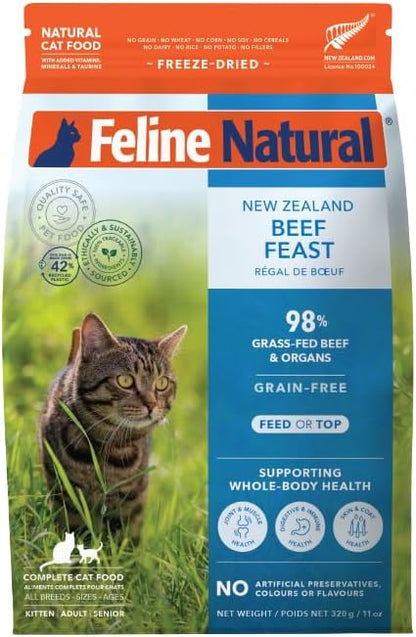 Feline Natural High Protein Dry Cat Food, Freeze-Dried Diet with 98% Meat, Organs & Seafood, No Peas, Grains, or Artificial Additives, Made in New Zealand, Beef, 11oz