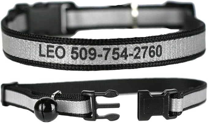 GoTags Personalized Reflective Cat Collars, Engraved Custom Cat Collar with Name and Phone Identification, Breakaway Collar with Safety Release Buckle and Bell, Adjustable for Cats and Kitten, (Black)
