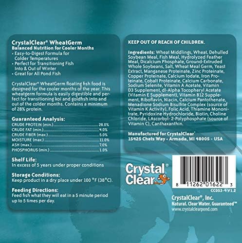 CrystalClear Koi & Pond Fish Food - Wheat Germ - 3.0mm Pellet Size - 4.4 Pound Bucket