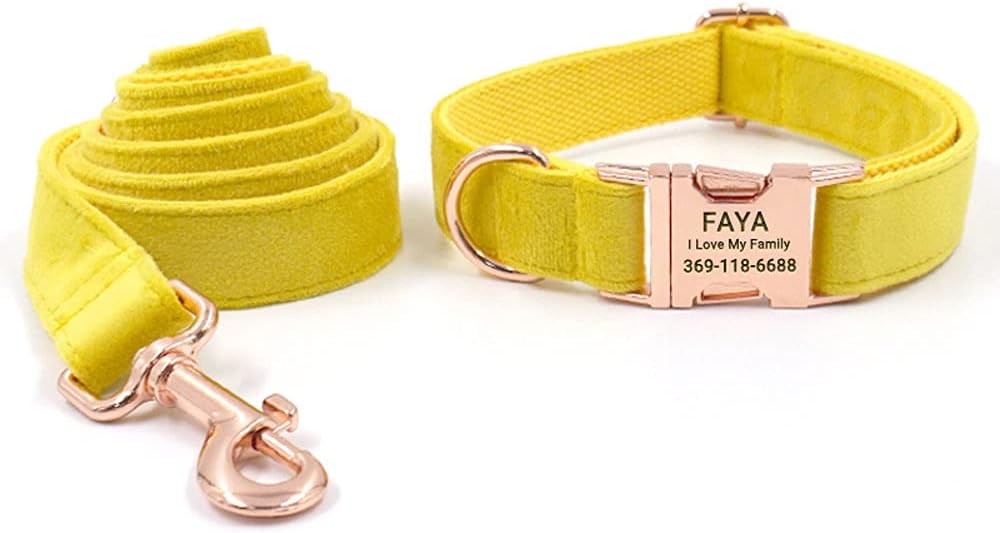 PETDURO Custom Dog Collar Personalized with Name Engraved Quick Release Rose Gold Metal Buckle for Large Medium Small Girl Dogs - Dog Leash and Bow Tie Available - Soft Comfy Velvet (Yellow, L)