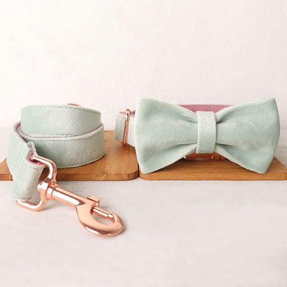 PETDURO Custom Dog Collar Personalized with Name Engraved Quick Release Rose Gold Metal Buckle for Large Medium Small Girl Dogs - Dog Leash and Bow Tie Available - Soft Comfy Velvet (Mint Pink, M)
