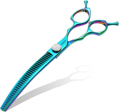 Professional Curved Thinning Shears Dog Grooming Scissors 7.5'' Blue Green Curved Chunkers Shears for Grooming Large Dogs Pet 35 Teeth Japan 440C(Curved Chunkers,Turquoise)