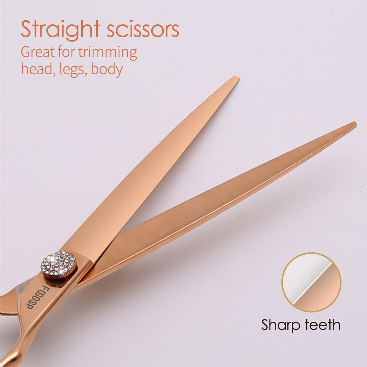 Rose Gold Titanium Dog Grooming Scissors Set 4PCS Curved Thinning Straight Chunkers Shears Kit with White Artificial Diamonds Ergonomic Offset Handle Japan 440C Sharp and Durable