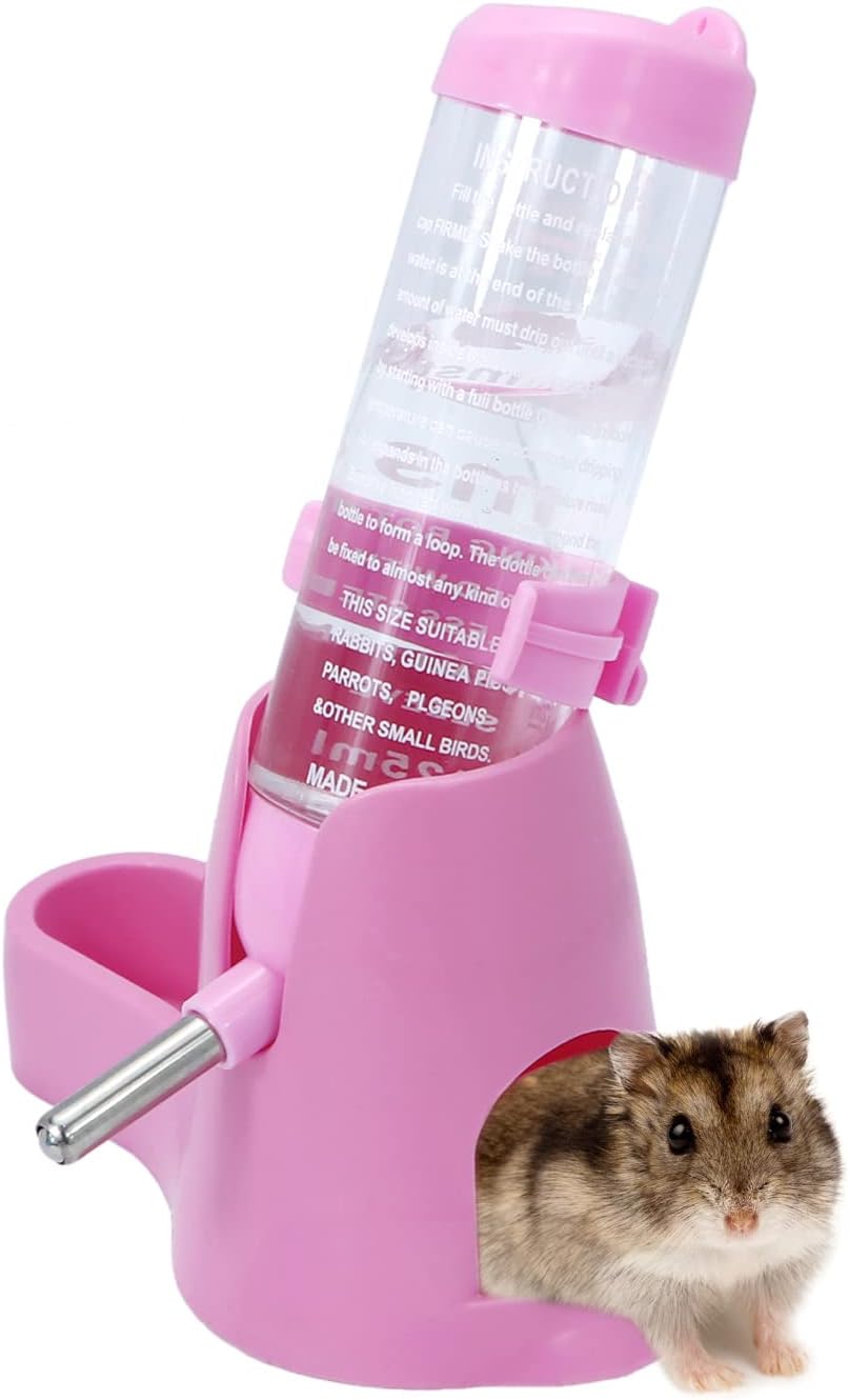 Wontee 3 in 1 Hamster Water Bottle Small Pet Automatic Water Dispenser with Food Container Base Hideout for Dwarf Hamster Mice Gerbils, 2 Pack (Pink, 125ML)