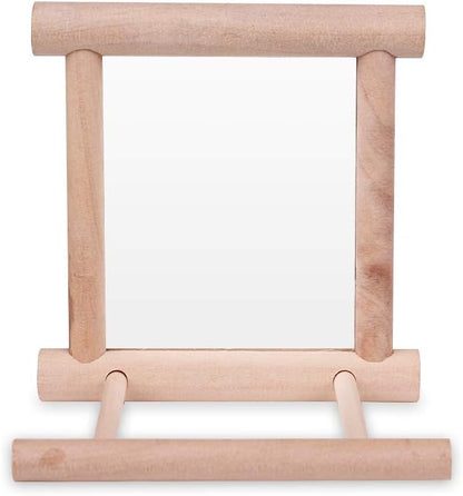 Bird Mirror Toy for Parakeet, Budgie, and Lovebirds - MINI-FACTORY Safe Enrichment Cage Accessory with Natural Wood Perch for Small & Medium Birds