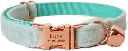Cat Collar Personalized with Name Engraved and Bell, Customized Velvet Collars for Puppy Kittens (Aqua, L)