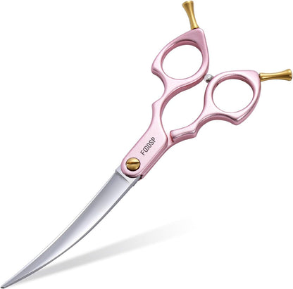Professional Curved Dog Grooming Scissors with Sharper Self Grinding lightweight and finely trimmed split structure 6.5'' Japan VG10 63HRC for small dogs cat pet(Pink)