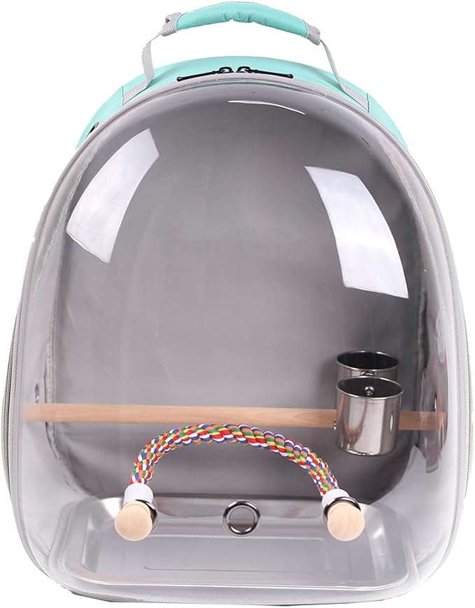 Bird Traval Carrier Cage, Multi Vent Holes Clear Space Capsule Astronaut Backpack to Carry Parakeet Cockatiel Parrot with Metal Tray Wood Perch, Vet Transport Book Bag
