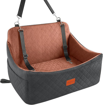 Dog Car Seat for Medium & Large Dogs Up to 55lbs, Memory Foam Cushion, Washable Cover, Safety Straps & Non-Slip Bottom(Black/Brown,Large)