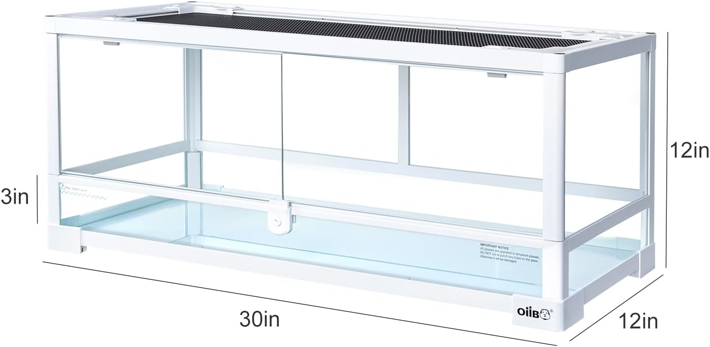 OIIBO Full Glass Long Tank Reptile Terrarium 20 Gallon, Front Opening Terrarium 30" x 12"x 12" for Reptile Pets Gecko Lizard Snake, Double Front Opening Doors & Ventilation Top Screen (Knock-Down)