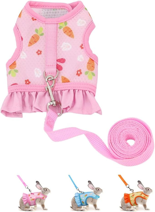 Bunny Harness and Leash,Proof Walking Escape Cute Floral Mesh Vest Breathable Rabbit Clothes for Bunnies, Hiking, Training for Ferret Kitten Puppy Small Pet Harness Pink M