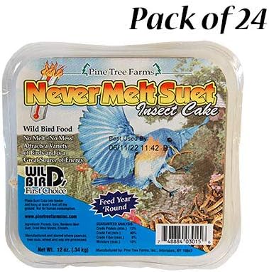 Pack of 24 Pine Tree Farms Never Melt Insect Suet Cakes, 12 oz Each | Wild Bird Food with Mealworms & Crickets | High-Energy Suet for Summer & Winter Feeding | Fits Standard Suet or Platform Feeders