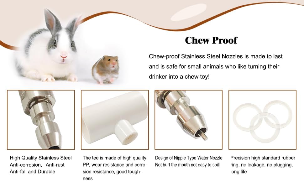 Stainless Steel Rabbit Water Nipples Feeder PVC Tees Automatic No Drip Watering System Kit for Guinea Pigs Ferrets and Other Rodent Small Animals (6PCS)
