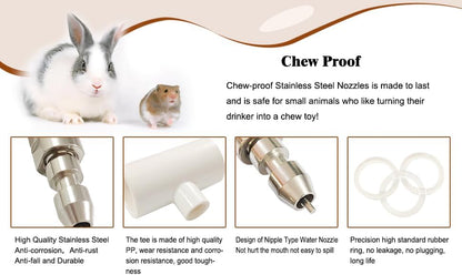 Stainless Steel Rabbit Water Nipples Feeder PVC Tees Automatic No Drip Watering System Kit for Guinea Pigs Ferrets and Other Rodent Small Animals (6PCS)