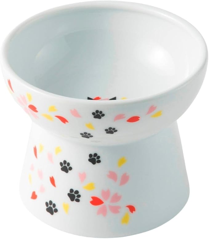 Necoichi Raised Cat Food Bowl – Ceramic Elevated Cat Bowl for Whisker & Neck Fatigue, Dishwasher Microwave Safe – Non-Slip & Anti Vomiting Ergonomic Design (Sakura Floral, Large)