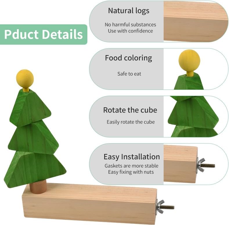 Bird toys & Bird Perch, Bird Wooden Block Chewing Toy Parrot Foraging & Puzzle Toys Bird Cage Accessories for Conures Parakeets Cockatiels Lovebirds African Grey Macaws (Revolving Christmas Tree)