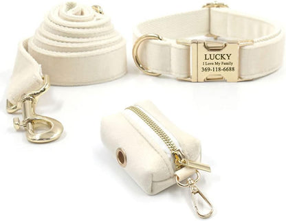 PETDURO Custom Dog Collar Personalized with Name Engraved Quick Release Rose Gold Metal Buckle for Large Medium Small Girl Dogs - Dog Leash and Bow Tie Available - Soft Comfy Velvet (Cream G, L)